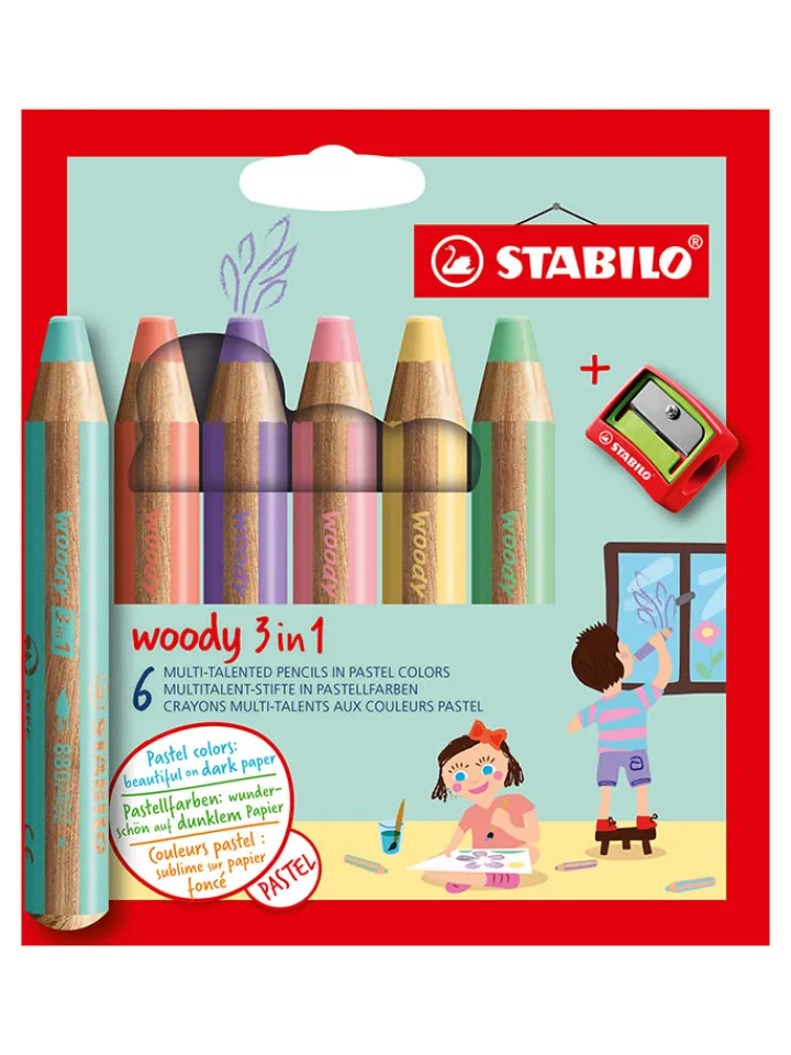 STABILO Büro- & Schulbedarf<XXL-Buntstifte "Woody 3in1 - Pastel" - 6 Stück+Spitzer